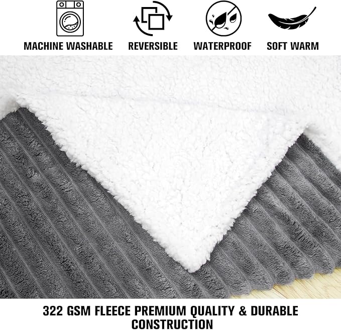 Waterproof Dog Blanket Dark Grey 50x60 in | Soft Pet Cat Blanket Cozy Calming Sherpa Corduroy Fleece Reversible Furniture Bed Protector Small Dogs Machine Washable