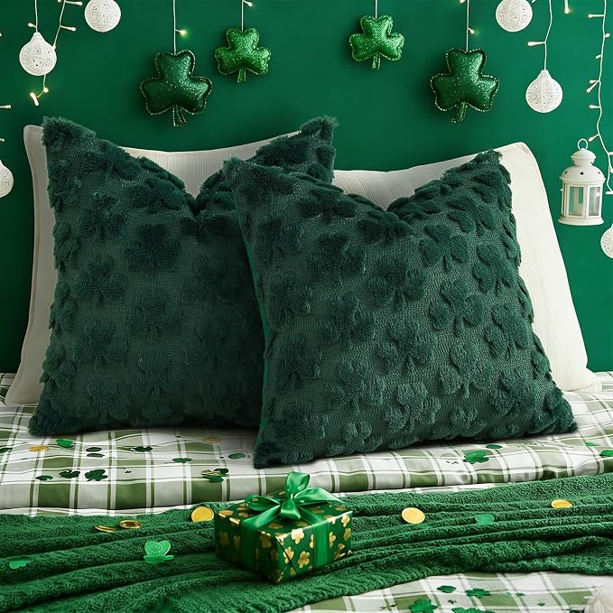 decorUhome Faux Fur Throw Shamrock Green Pillow Covers 16x16 Set of 2 | Plush Soft Wool St. Patrick’s Day Throw Pillow Covers, Accent Modern Farmhouse Pillow Covers Holiday Decor for Sofa Bed