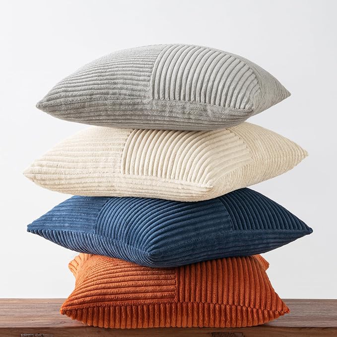 MIULEE Blue Rust Throw Pillow Covers 18x18 Inch Set of 4 Boho Farmhouse Cushion Cases Soft Corduroy Nordic Corduroy Pillow Cases Patchwork Home Decor for Couch Sofa Bedroom