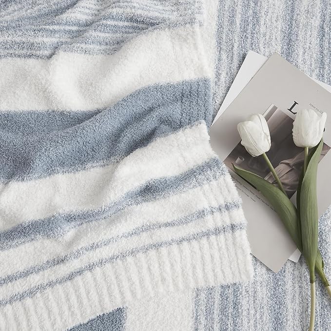 Soft Twin Blanket for Bed-Cozy Warm Reversible Knitted Blankets | Lightweight Fluffy Decor for Women, Mom, Her & Girls, Sofa, Chair, Couch, 60x80in, Grey Blue Stripe