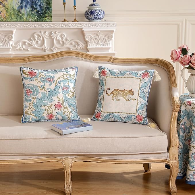 patdrea Designer Vintage Linen Throw Pillow Cover,18"x18",Set of 2-Fromm A | Luxury Decorative Pillow Case with Zipper,Blue Floral Pattern,Pillow Cover for Couch Living Room Bedroom Sofa