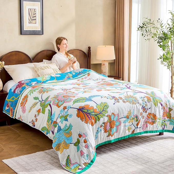 XIBLC Summer Throw Blanket, 50"x60" Reversible Bohemian Flower Blanket, 100% Cotton Muslin Breathable Woven, Farmhouse Decorative Throw Blanket