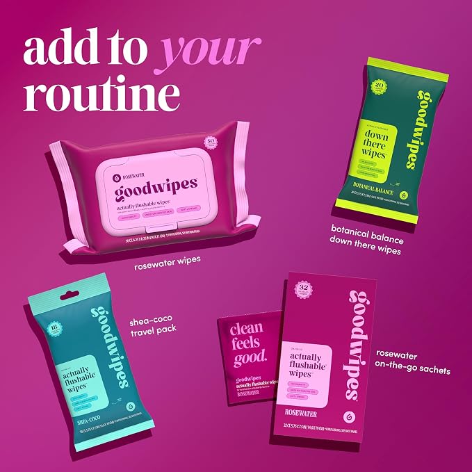 goodwipes Flushable Wipes for Women - Rosewater Individually Wrapped Travel Butt Wipes To Go, Mini Purse & Festival Essentials for Adults, pH Balanced for Feminine Hygiene, 32 Count (1 Pack)