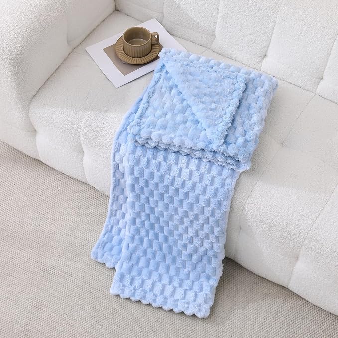 Light Blue Fleece Throw Blanket 60”×80” for Couch Sofa Bed Super Soft Cozy Plush Microfiber Flannel Blanket with 3D Jacquard Decorative Lightweight for Mom Woman
