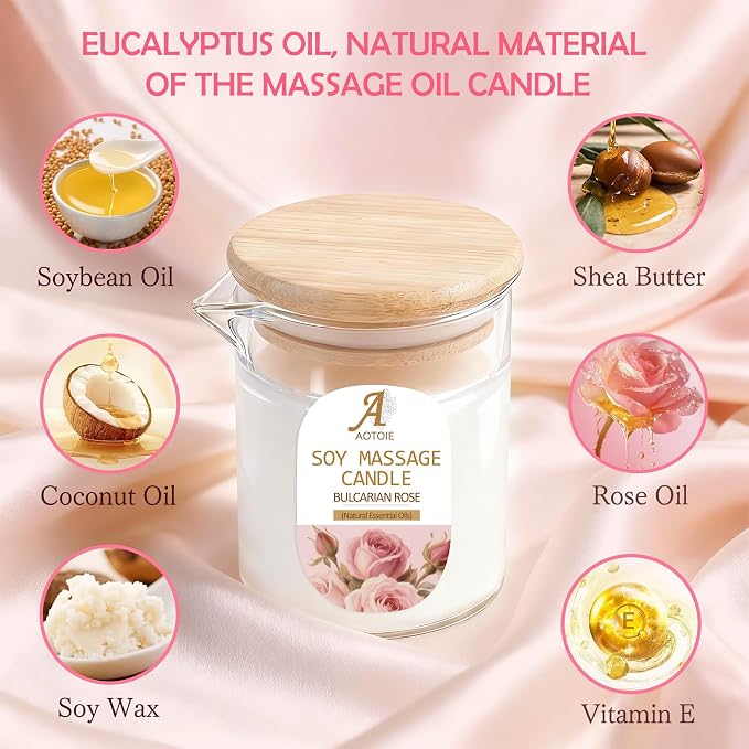 Massage Oil Candle 8.1 OZ for Massage Therapy and Skin Moisturizing,Natural Body Safe Soybeans Massage Oil Candles,Rose Scented Candles for Couples, Romantic Gift Scented Candles for Home SPA