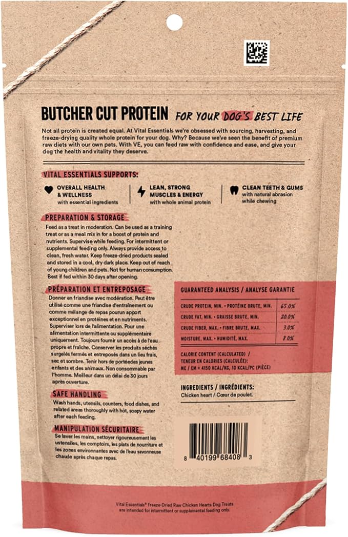 Vital Essentials Freeze Dried Raw Chicken Hearts Dog Treats, 3.75 oz Bag | Single Ingredient, Premium Quality Protein, Grain Free, USA Made with U.S. & Globally Sourced Ingredients