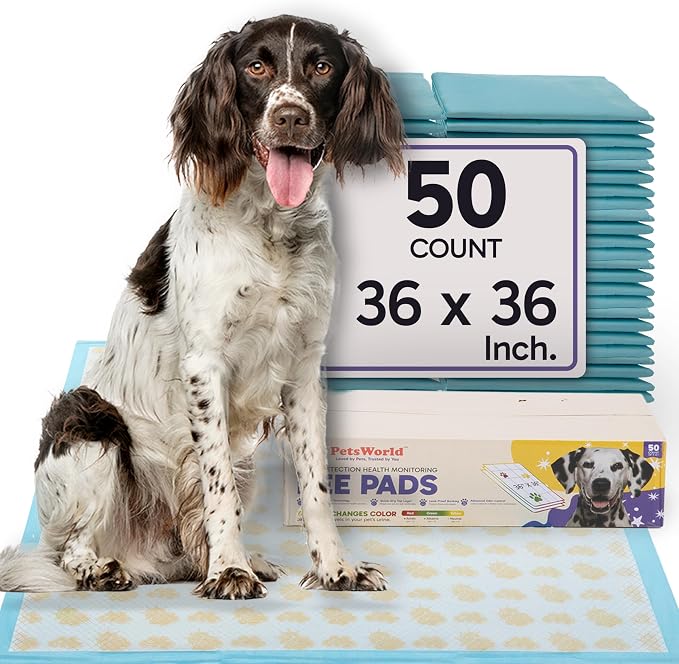 PETSWORLD Giant Dog Potty Pads, Odor-Eliminating, 36" x 36", Ultra Absorbent 5-Layer Leak-Proof Training Pads for Dogs & Cats (36x36 Health Indicating, 50 Count)