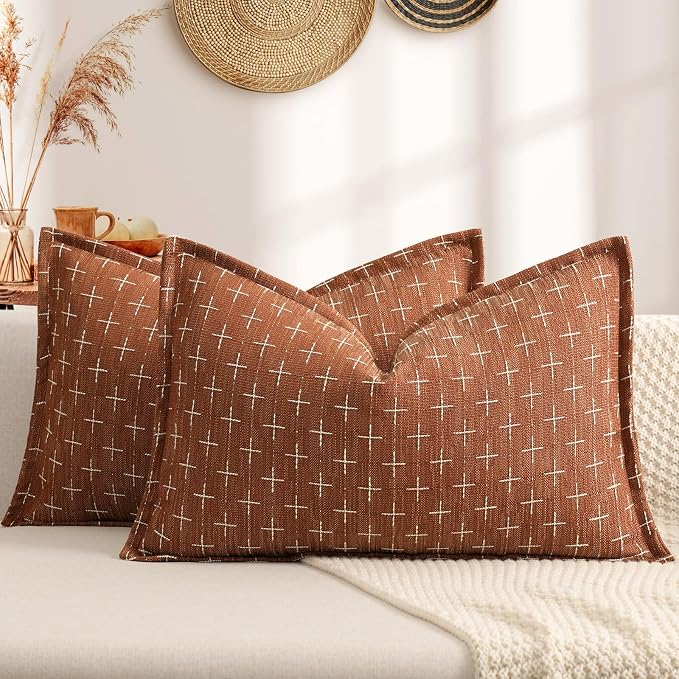 Fall Pillow 12x20 Pillow Covers Set of 2 Soft Polyester Textured Rust Pillow Covers with Stylish Flange Edge Cozy Farmhouse Throw Pillows for Couch Bed Sofa Living Room Fall Decor