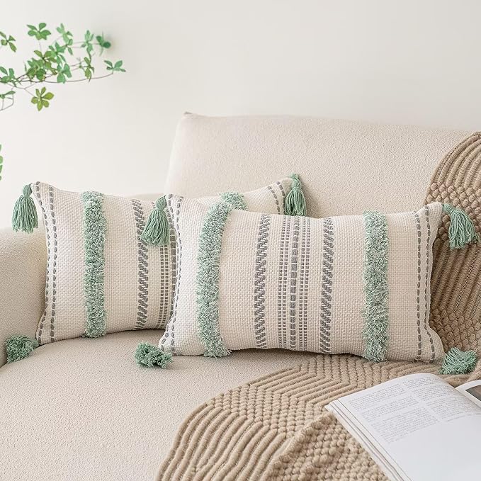 BUIOVBEY Boho Throw Pillow Covers Woven Tufted Pillow Cases with Tassels | Farmhouse Pillow Covers 12x20 Set of 2 Textured Striped Cushion Case Neutral Decorative Pillowcase for Sofa Couch Light Green