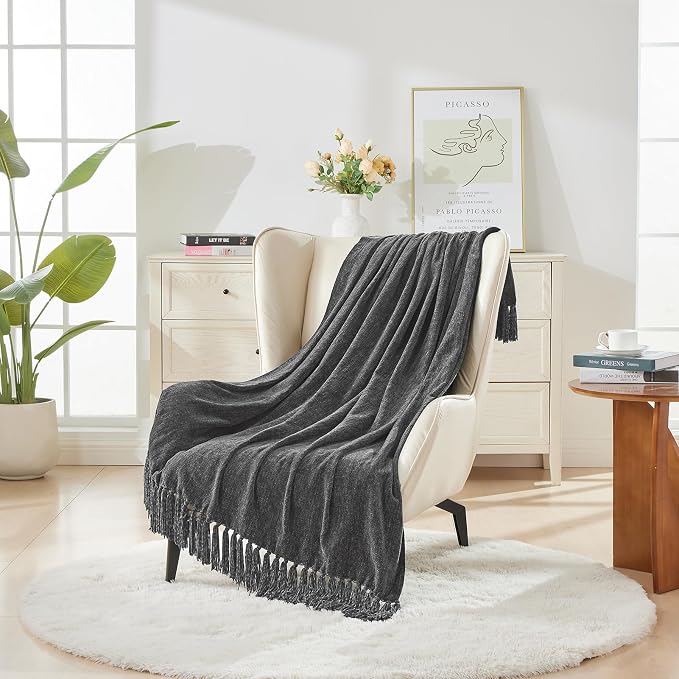 CozeCube Chenille Throw Blanket, Charcoal Grey Fringe Blanket, 50"X60" | For Couch, Cozy Plush Fuzzy Decorative Blanket with Fringe Tassels, Lightweight Throws for Bed Sofa Gift Home Decor