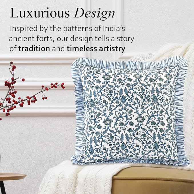 CPC Ocean Vine Hand Block Print 100% Cotton Ruffle Throw Pillow Cover 20x20 inch with Hidden Zipper Decorative for Couch, Bed, Sofa, Farmhouse, Cottagecore Decor Gift Christmas Fall Thanksgiving