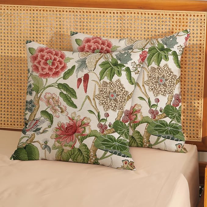 Sage Green Pink Pillow Covers 18x18 Inch Set of 2 Vintage Pink Floral Throw Pillows Chinoiserie Flower Decorative Pillow Case Outdoor Linen Farmhouse Cushion Cover for Couch Sofa Decorations