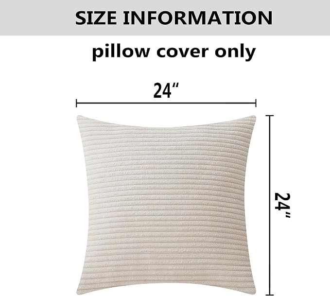 Home Brilliant Striped Velvet Corduroy Euro Throw Pillow Sham Large Cushion Cover for Chair Couch Bench Bed Floor Summer Decor, 24 x 24 inch (60cm), Cream Cheese