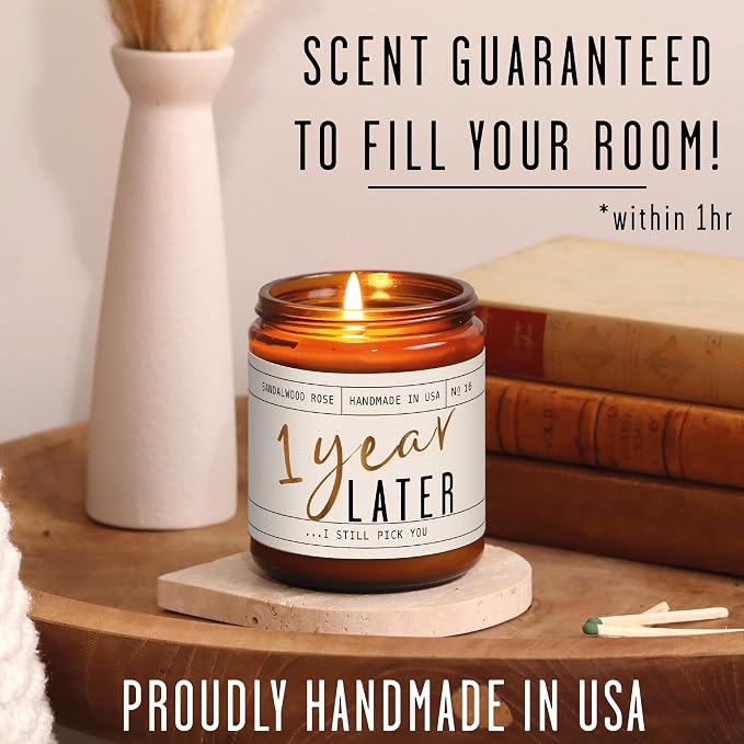 1 Year Anniversary Gifts for Girlfriend or Wife - '1 Year Later' Candle, w/Sandalwood Rose - infused w/Essential Oils I 1st Anniversary Gift I One Year Anniversary Gifts for Her I 50Hr Burn, USA Made