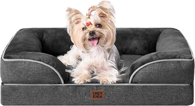 EHEYCIGA Orthopedic Small Dog Bed, Waterproof Memory Foam Washable Pet Beds | Non-Slip Bottom and Egg-Crate Foam Medium Dog Couch Bed with Washable Removable Cover, Dark Grey