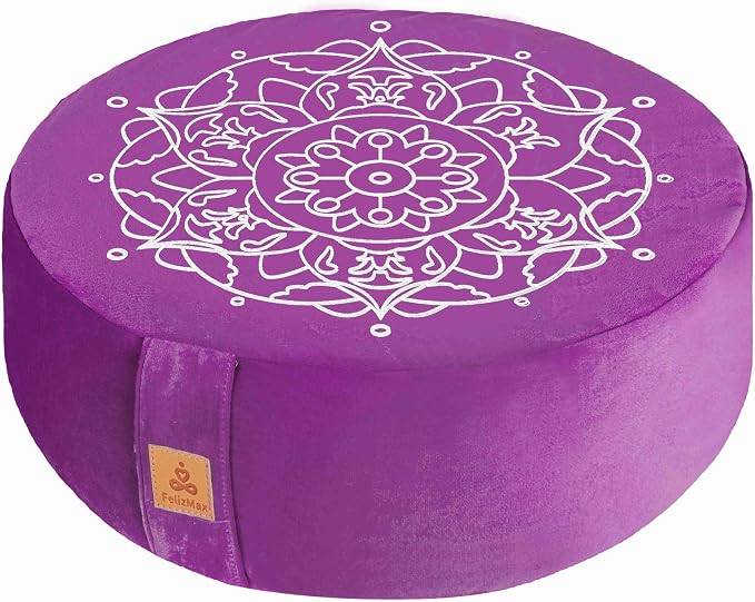 Embroidered Meditation Pillow D=16" H=5.5" Round Velvet Meditation Cushion Yoga Bolster Floor Pouf Zafu Natural Buckwheat hulls Sitting on Floor Removable Organic Cotton Cover Large Kneeling Pillow