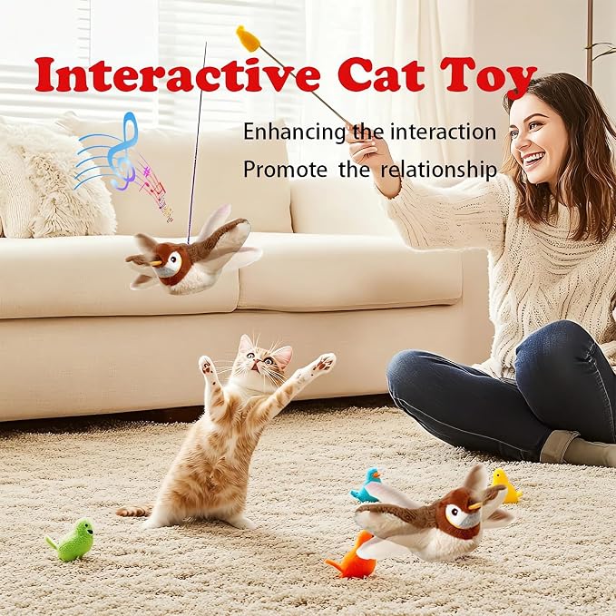 Interactive Chirping Bird Cat Toys with Flapping Wings,No Flying Birds Cats Toy, Flying Simulation Electric Sparrow Shaking Hunting Pet Toy for Indoor (Brown Upgrade)