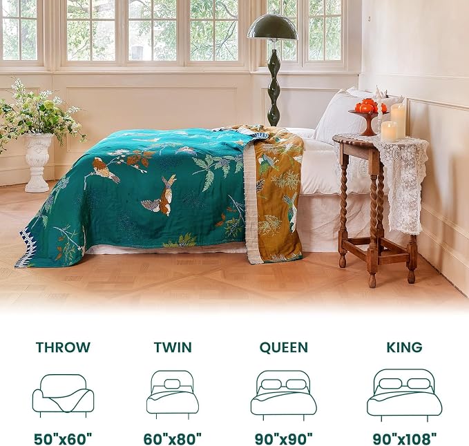 MSGKV Boho Throw Blanket 60"x80" Aviary Botanical Cotton Throw Blanket | Aviary Botanical Pattern, Muslin Throw, Reversible Woven, Lightweight Comfort, Twin Size Blanket, Decorative Home Accent