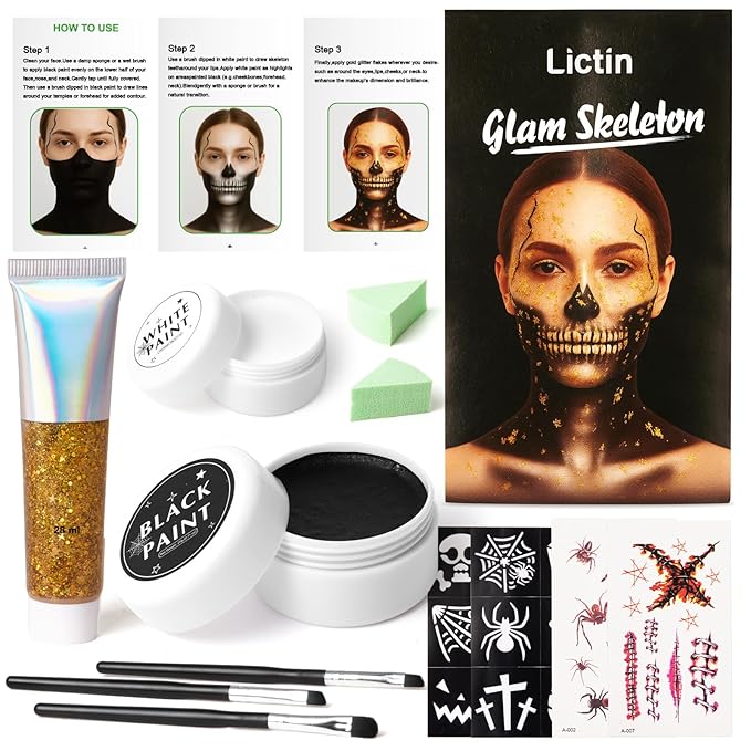Lictin Black and White Face Body Paint with Gold Glitter Gel, Zombie Skeleton Makeup Face Paint, Professional Make Up Kit for Halloween, Costume, Cosplay, Carnivals for Adults & Kids