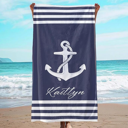 JML Personalized Beach Towel with Name, Custom Anchor Beach Towel, Customized Microfiber Pool Towel, Quick Dry & Absorbent Swim Towel for Adult,Anniversary, Birthday, Summer Holiday,Vacation