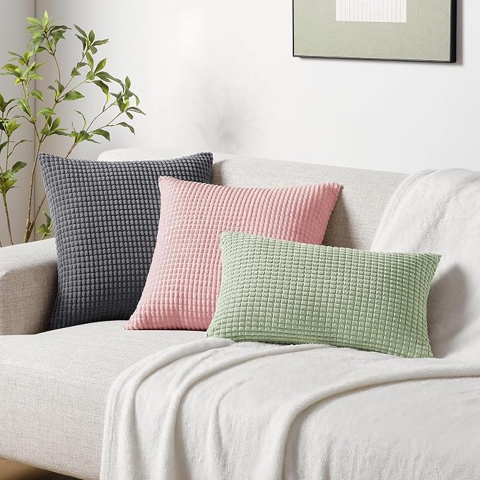 Softalker Corduroy Decorative Throw Pillow Covers 18x18, Set of 2, Pink | Soft Boho Striped Pillow Cases, Couch Fluffy Cushion Covers for Farmhouse Home Decor Bed Living Room