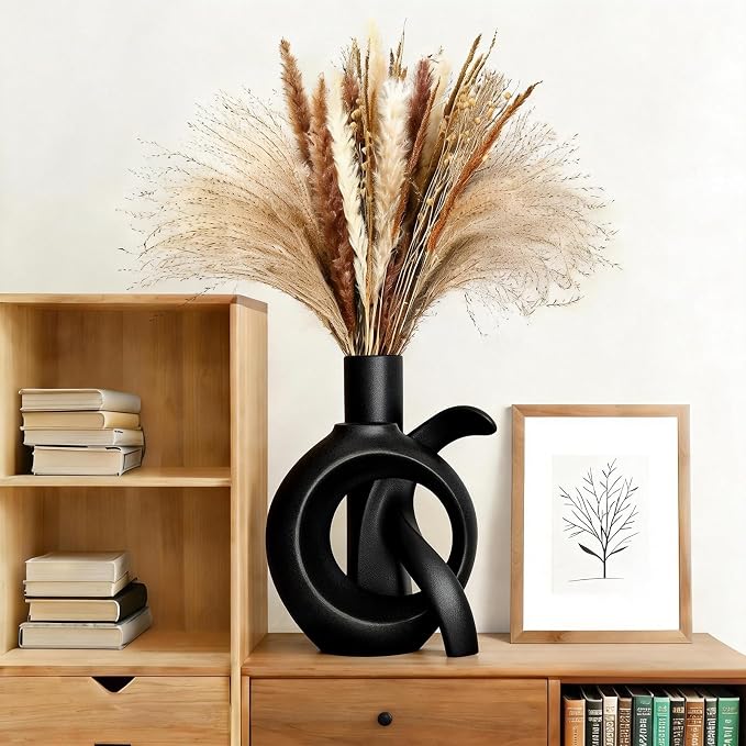 Assemble OK Ceramic Vase Set of 2 for Home Decor, Modern Boho Ins Style Matte Vase for Pampas Grass for Table Centerpiece, Living Room, Shelf, Mantle, Housewarming Gift (Black Vase)