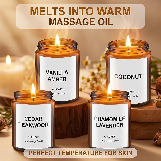 Massage Candles, 4PCS, Vanilla Amber/Coconut/Cedar Teakwood/Chamomile Lavender