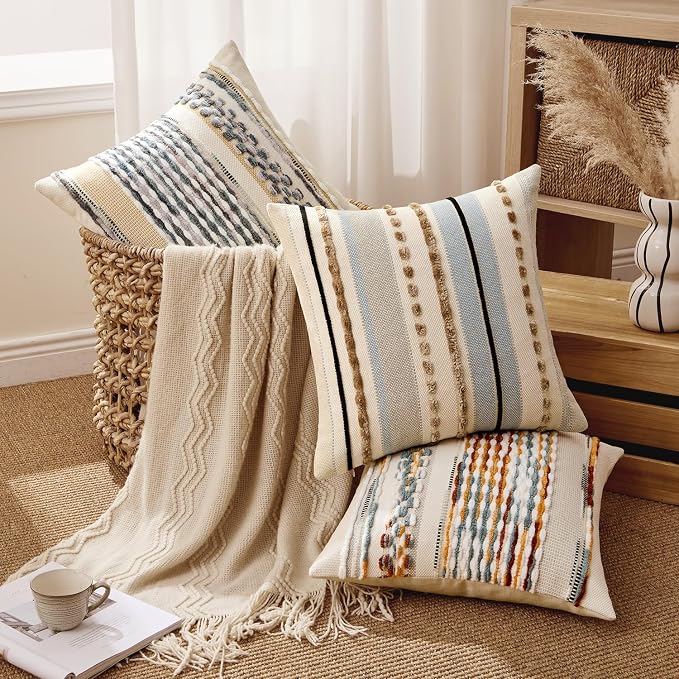 ANRODUO Boho Decorative Throw Pillow Covers Brown Stripe 20x20 Pack of 2 | Throw Pillow Covers, Farmhouse Cushion Case, Chenille Pillow Cases, Pillow Covers, Accent Neutral Pillowcase for Couch Bed