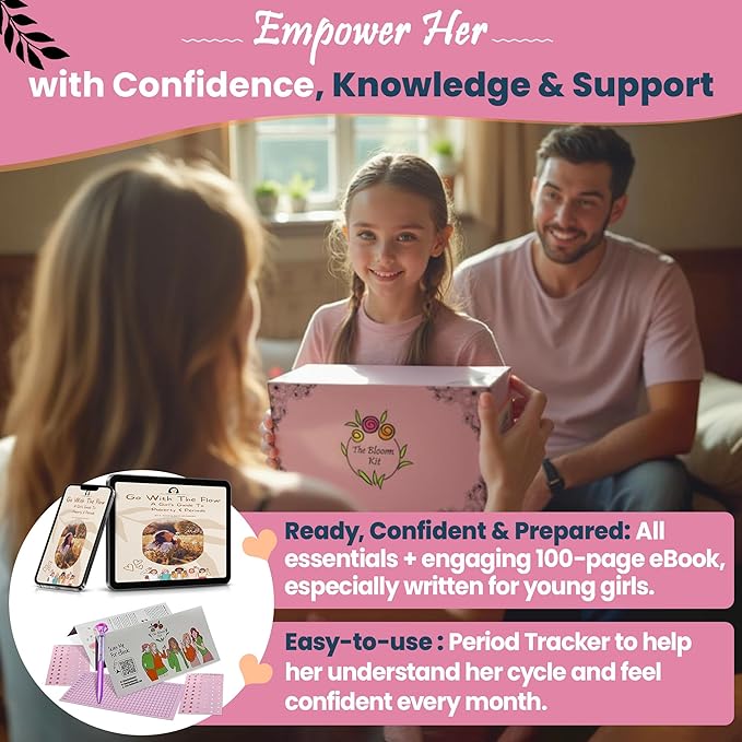 First Period Kit for Girls 9-12 | Puberty Kit for Tween Girls | Period Starter Kit with Pads, Wipes, Heating Pad, E-Book & More | First Period Gift Set for Daughter | 48 Pcs