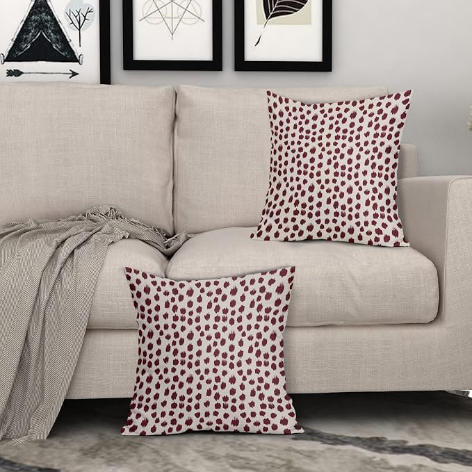 Burgundy Cream Pillow Covers 18x18 Set of 2 Boho Design Polka Dot Throw Pillows Modern Brush Strokes Print Decorative Outdoor Pillowcase Square Cushion Cover Linen Pillow Case for Home Sofa Couch Bed