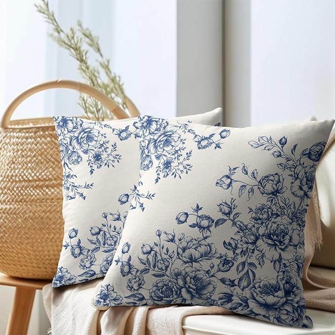 Kawani Chinoiserie Flowers Throw Pillow Covers 22x22, 2Pc Set Blue White Vintage Chic Floral Square Pillowcases Cotton Linen Cushion Cover for Couch Sofa Porch Car Seat Home Decor