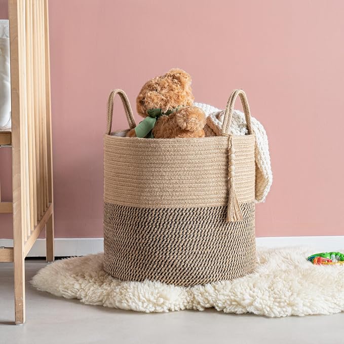 Mkono Woven Storage Basket for Blanket, Toys Plant Organizer, 16"W x 13.8"L | Yellow and Black, Decorative Basket with Handle, Wood Beads Tassel, Shoes Clothes Storage Bin, Living Room Bedroom Nursery