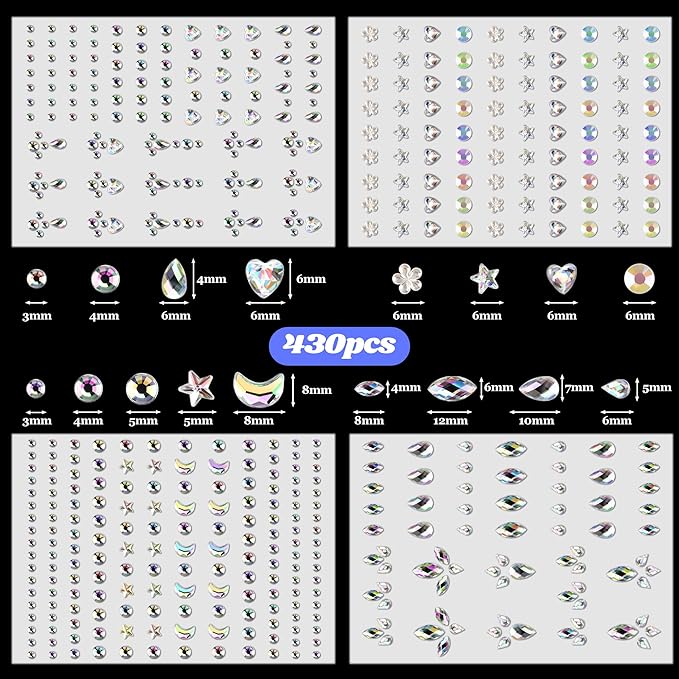 Body Glitter and Face Gems, Face Glitter and Hair Gems, Rhinestone Stickers for Makeup, Mardi Gras, Festival, Rave Accessories, Kids, Women, White