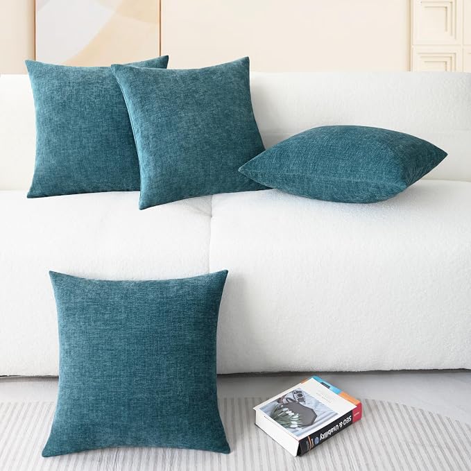 CaliTime Decorative Couch Throw Pillow Covers 18 X 18 Inches Ocean Blue | Pack of 4, Cozy Chenille Cushion Cases for Sofa Bed Living Room Farmhouse Home