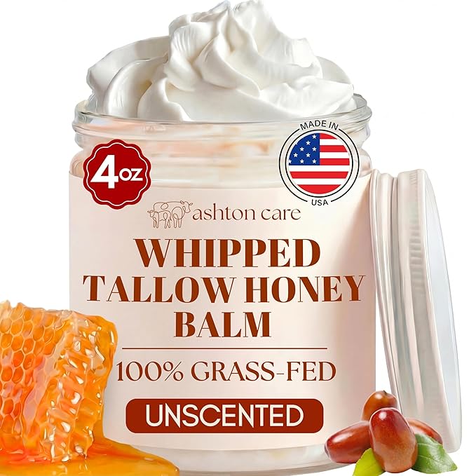 Whipped Tallow and Honey Balm - 4 OZ (Unscented) | 100% Grass Fed Beef Tallow with Jojoba & Infused Calendula | Natural Face Moisturizer for Dry & Sensitive Skin | Handmade in USA