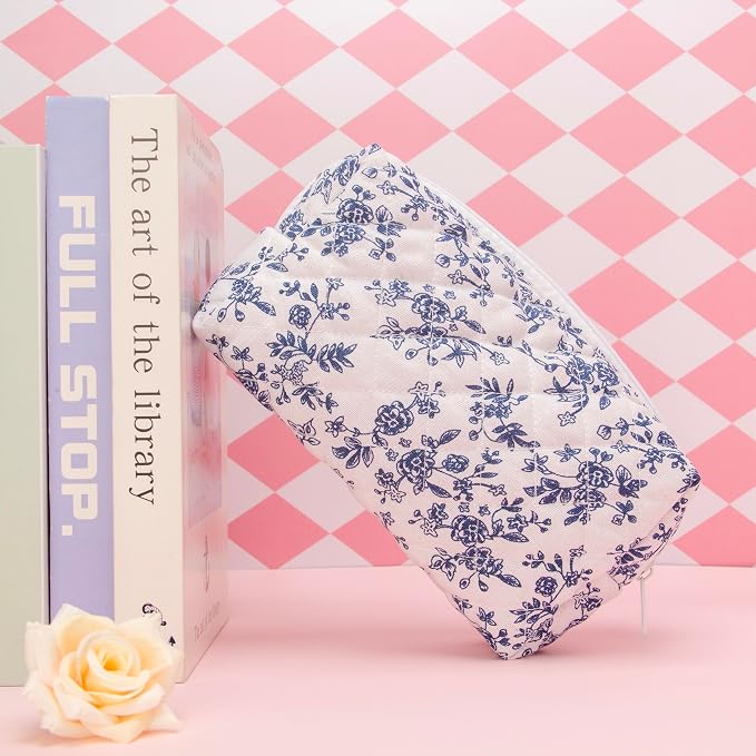 PAZIMIIK Small Quilted Makeup Bag,Zipper Cosmetic Pouch,Jouy Blue | Lightweight Cosmetic Bag Organizer for Women,Purse Storage Holds Makeup,Toiletries,Skincare,Beauty Essentials,Travel Items