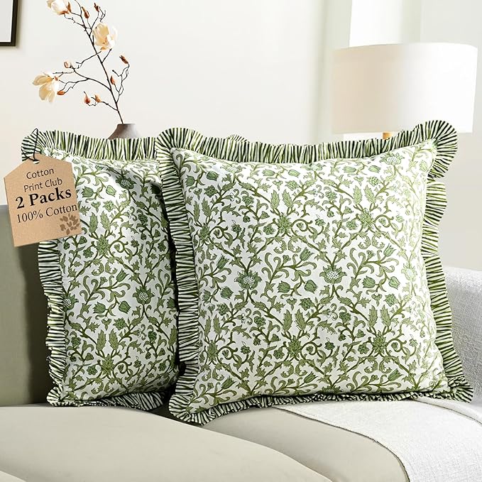 CPC Meadow Vine Hand Block Print 100% Cotton Ruffle Throw Pillow Cover 20x20 inch with Hidden Zipper Decorative for Couch, Bed, Sofa, Farmhouse, Cottagecore Decor Gift Christmas Fall Thanksgiving
