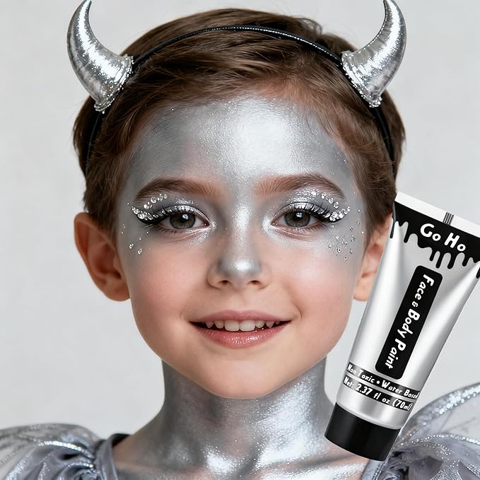 Go Ho Metallic Silver Body Paint Washable(2.37oz/pc),Water Based Cream Silver Face Body Paint,Full Professional Face Paint for Halloween Costumes Festivals Cosplay SFX Makeup