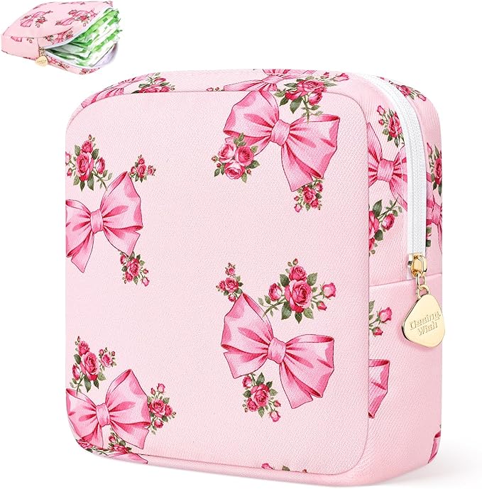 Sanitary Pad Storage Bag Portable Period Bag for Teen Pads/Sanitary Napkins/Small Tampons, Sanitary Napkin Storage Bag First Period Gifts for Teen Girls (Pink Rose Bowknot)