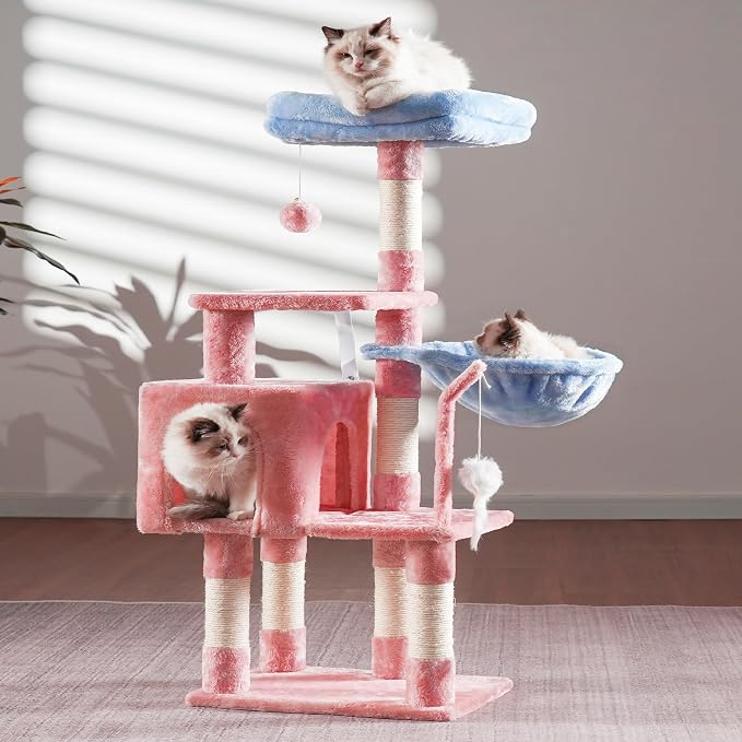 Heybly Cat Tree with Toy, 43.3 inch Cat Tower condo for Indoor Cats, Cat House with Padded Plush Perch, Cozy Hammock and Sisal Scratching Posts, Blue and Pink HCT004SBP