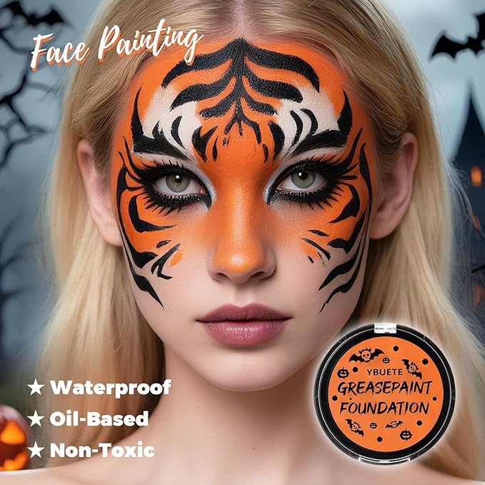 Orange Cream Face Body Painting Foundation, Professional Full-coverage Oil Based Orange Face Paint Halloween SFX Cosplay for Pumpkin Clown Tiger Monster Adult Costume Party & Carnival