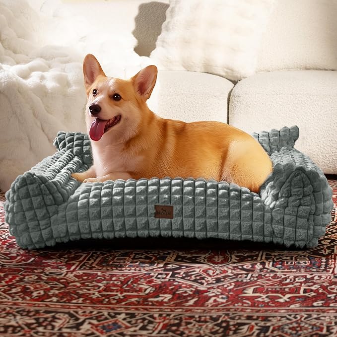 Cat Couch Bed with Fluffy Faux Rabbit Fur for Indoor Cats, 36 Inch | Cute Fuzzy Cat Sofa Recliner With Washable Cover, Suppportive Cozy Pets Couch in 3D Diamond Pattern, Grey