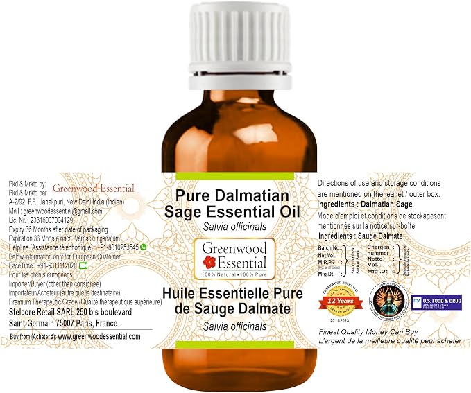 Greenwood Essential Pure Dalmatian Sage Essential Oil (Salvia officinals) Steam Distilled 5ml (0.16 oz)