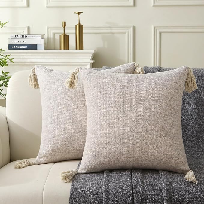 Decorative Throw Pillow with Tassels, 18x18 Farmhouse Pillows with Inserts, Square Boho Pillow for Couch, Patio, Bed, Sofa Decor (Light Beige, 18" x 18"(Pack of 2))