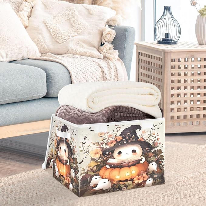 Ghost Wearing Witch Hat Storage Bins with Lids and Carrying Handle,Foldable Storage Boxes Organizer Containers Baskets Cube with Cover for Home Bedroom Closet Office