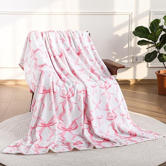 Pink Bow Throw Blanket 60"x80" Soft Flannel for Girls Women | Coquette Aesthetic Decor with Ruffled Edges, Ultra Plush Bed Sofa Blanket, Preppy Gift for Teens, Back to School Dorm Room