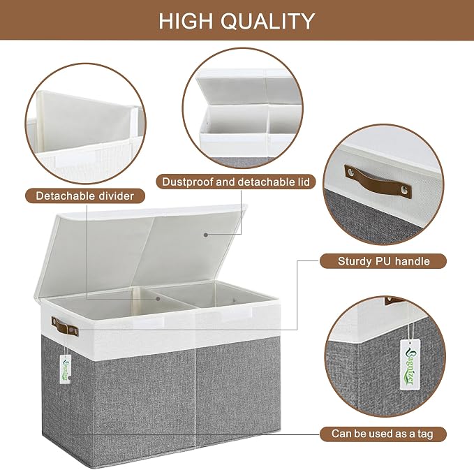 Large Toy Storage Box with Lids, Collapsible Sturdy Baby Storage Organizer Chest Bin Basket for Kids, Boys, Girls, Playroom, Nursery, Bedroom, Closet 25"x13"x16" (Gray and White)