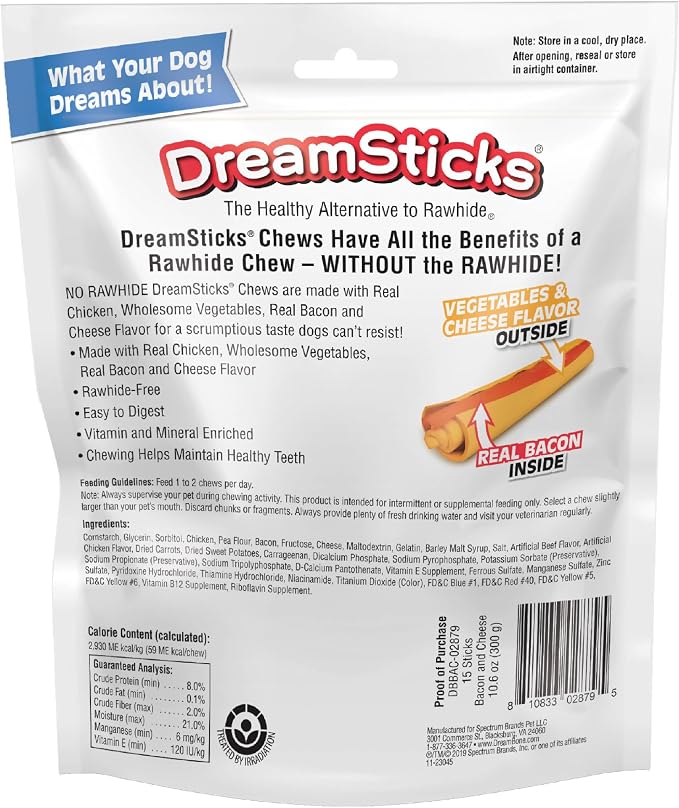 DreamBone DreamSticks with Real Bacon and Cheese Flavor, Rawhide Free Dog Chew Sticks 15 Sticks | Daily Chew, Digests Safely and Completely, Made With Real Bacon, Cheese, Chicken & Veggies, For Adult Dogs