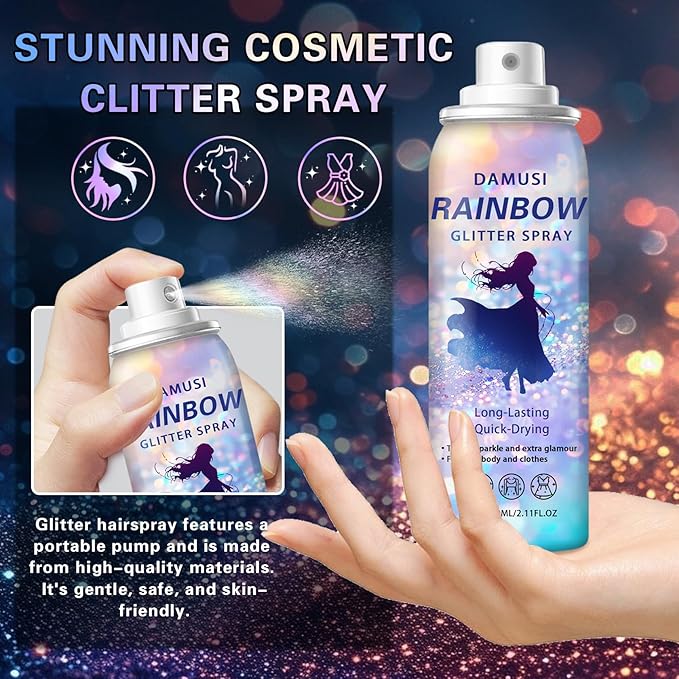 DAMUSI Gold Body Glitter Spray, Shiny Hair and Body Glitter Spray for Clothes, Holographic Glitter Hairspray Quick-Drying Long-Lasting Shimmer Highlighter Powder for Festival Concert Party Rave Prom