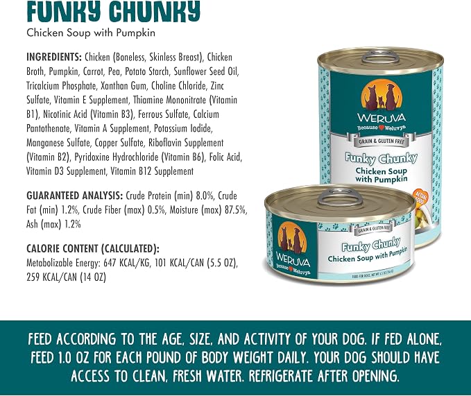 Weruva Classic Dog Food, Funky Chunky Chicken Soup with Chicken Breast & Pumpkin in Gravy, 5.5oz Can (Pack of 24)
